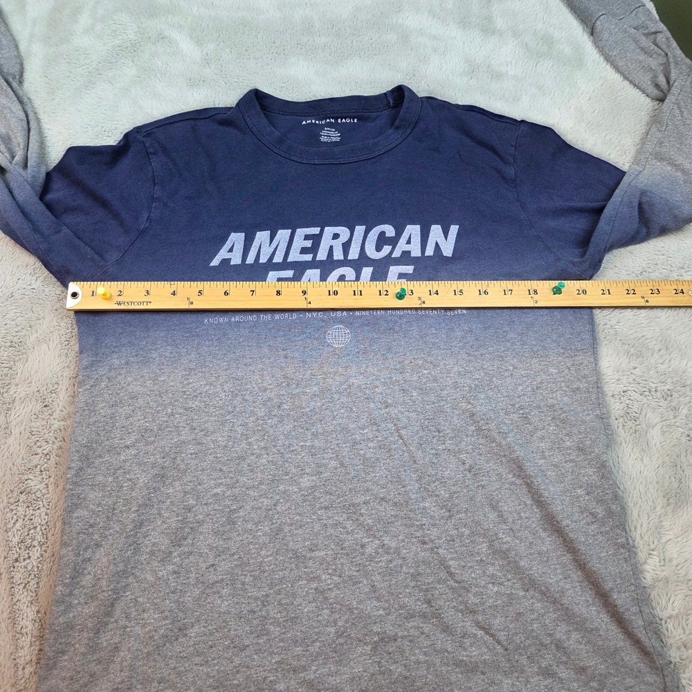 American Eagle Tee Mens S Ombre Dip Dye Graphic Long Sleeve Navy Grey All Cotton - Picture 4 of 6